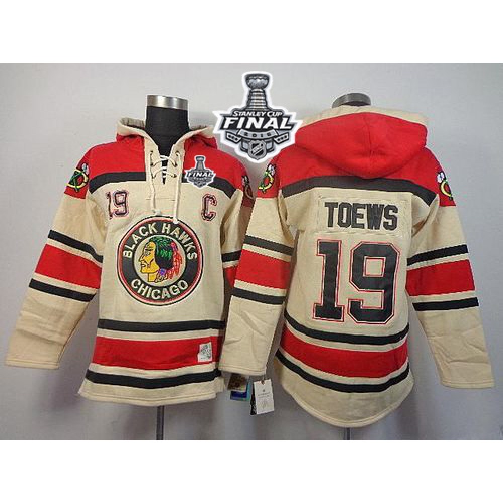 Blackhawks #19 Jonathan Toews Cream Sawyer Hooded Sweatshirt 2015 Stanley Cup Stitched NHL Jersey 1