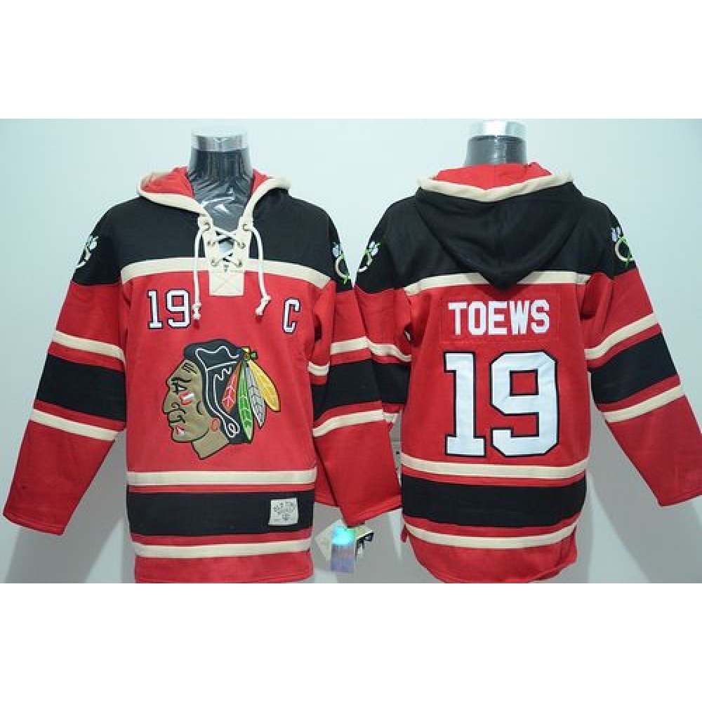 Blackhawks #19 Jonathan Toews Red Sawyer Hooded Sweatshirt Stitched NHL Jersey 1