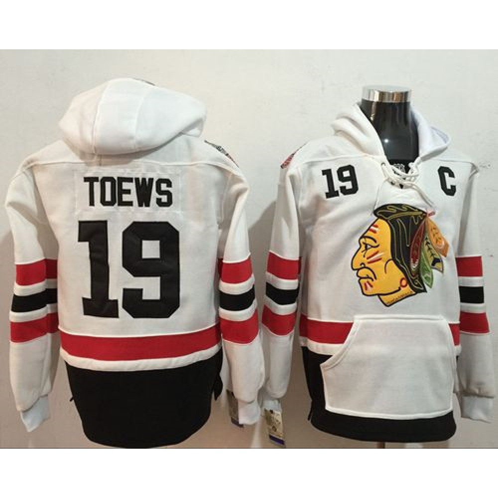 Blackhawks #19 Jonathan Toews White Name & Number Pullover NHL Hoodie 1