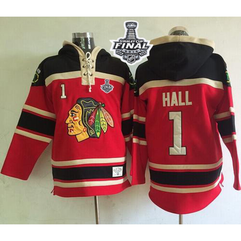Blackhawks #1 Glenn Hall Red Sawyer Hooded Sweatshirt 2015 Stanley Cup Stitched NHL Jersey 1