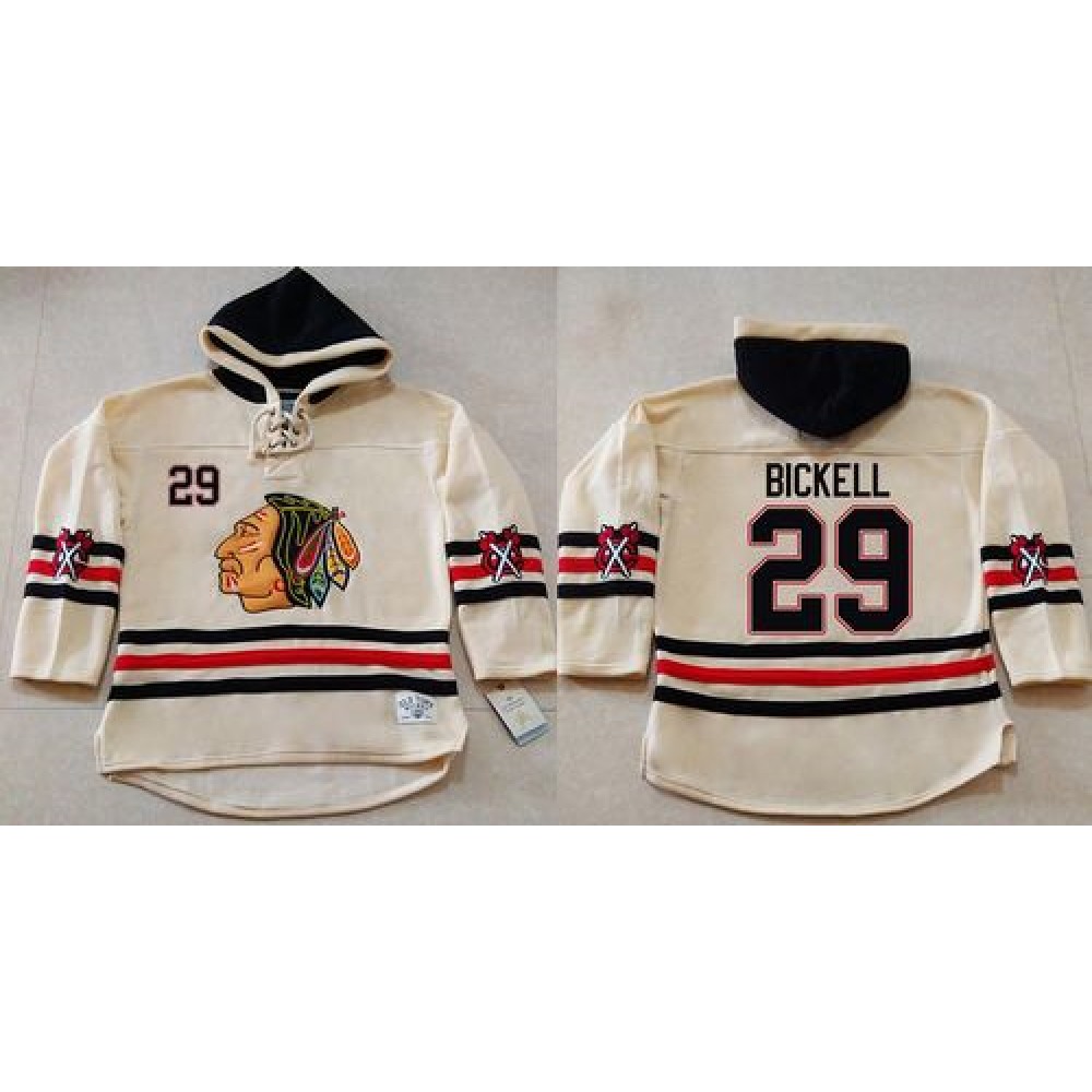 Blackhawks #29 Bryan Bickell Cream Heavyweight Pullover Hoodie Stitched NHL Jersey 1