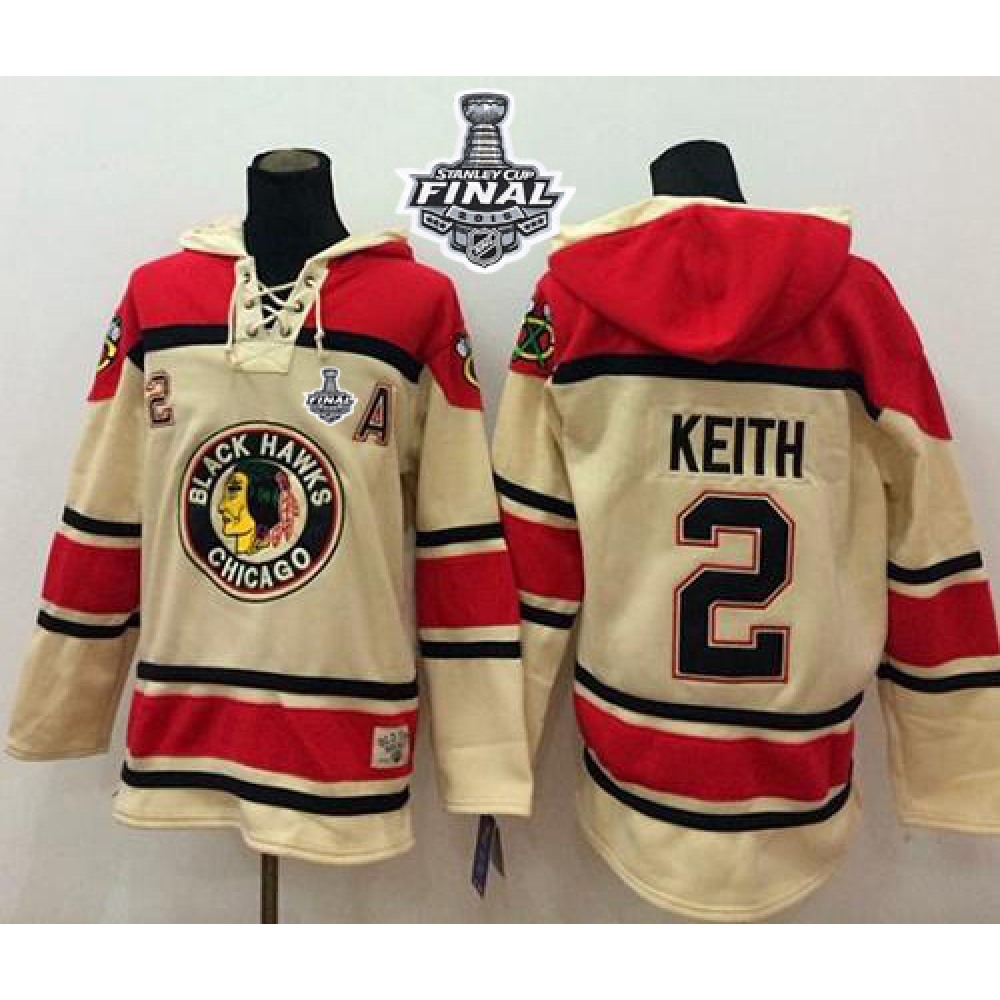 Blackhawks #2 Duncan Keith Cream Sawyer Hooded Sweatshirt 2015 Stanley Cup Stitched NHL Jersey 1
