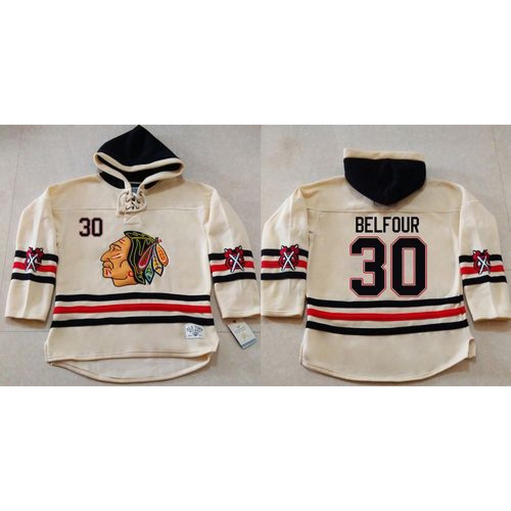 Blackhawks #30 ED Belfour Cream Heavyweight Pullover Hoodie Stitched NHL Jersey 1