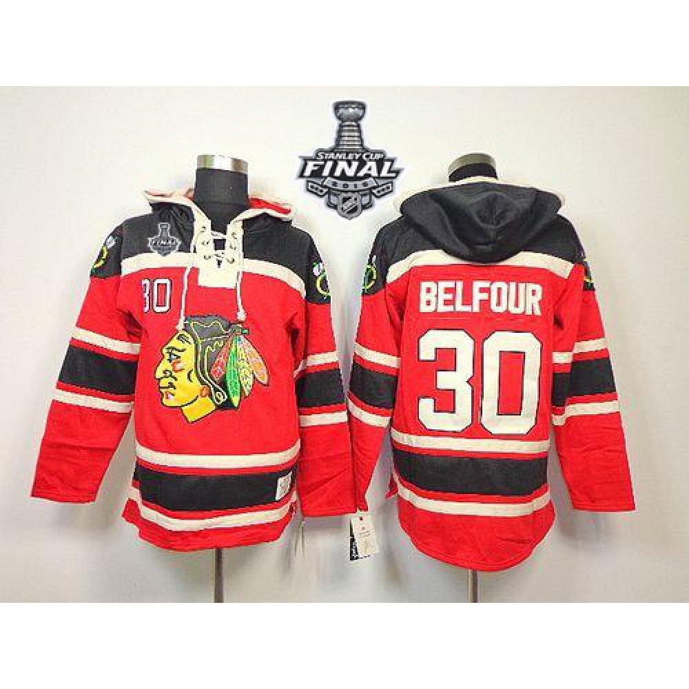 Blackhawks #30 ED Belfour Red Sawyer Hooded Sweatshirt 2015 Stanley Cup Stitched NHL Jersey 1