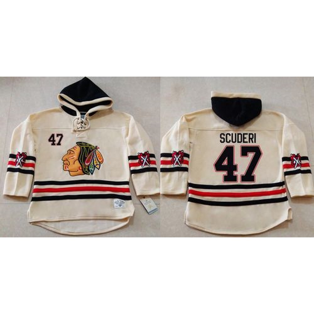 Blackhawks #47 Rob Scuderi Cream Heavyweight Pullover Hoodie Stitched NHL Jersey 1