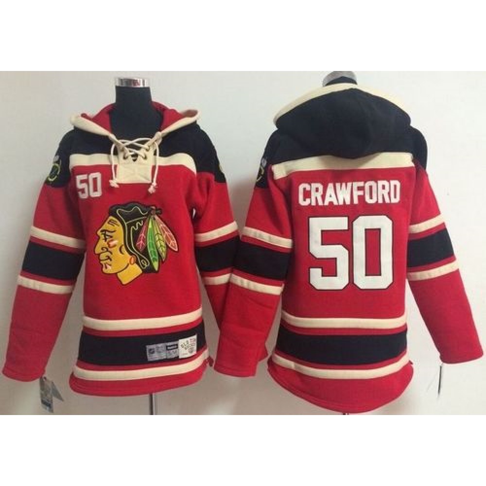 Blackhawks #50 Corey Crawford Red Sawyer Hooded Sweatshirt Stitched Youth NHL Jersey 1