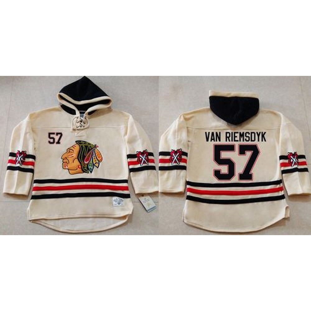 Blackhawks #57 Trevor Van Riemsdyk Cream Heavyweight Pullover Hoodie Stitched NHL Jersey 1