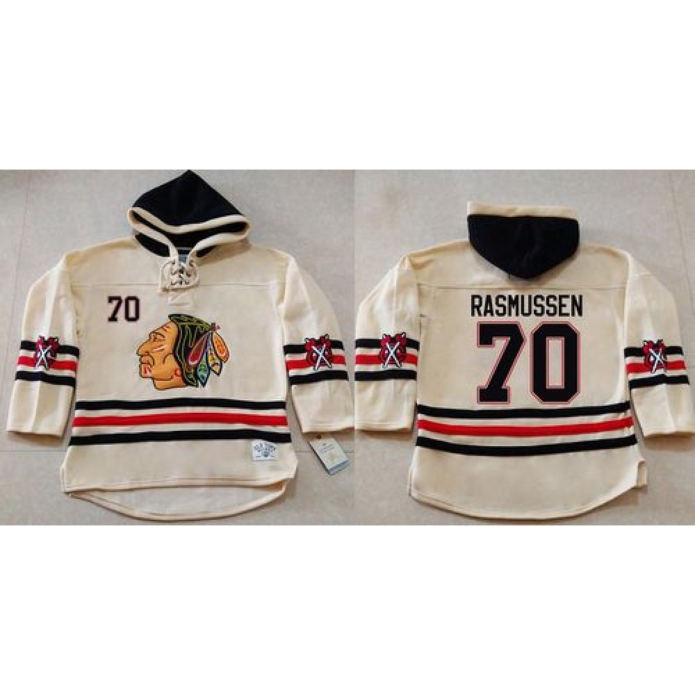 Blackhawks #70 Dennis Rasmussen Cream Heavyweight Pullover Hoodie Stitched NHL Jersey 1