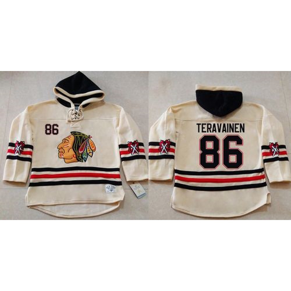 Blackhawks #86 Teuvo Teravainen Cream Heavyweight Pullover Hoodie Stitched NHL Jersey 1