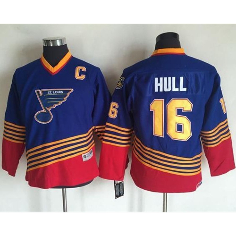 Blues #16 Brett Hull Light Blue/Red CCM Throwback Stitched Youth NHL Jersey 1
