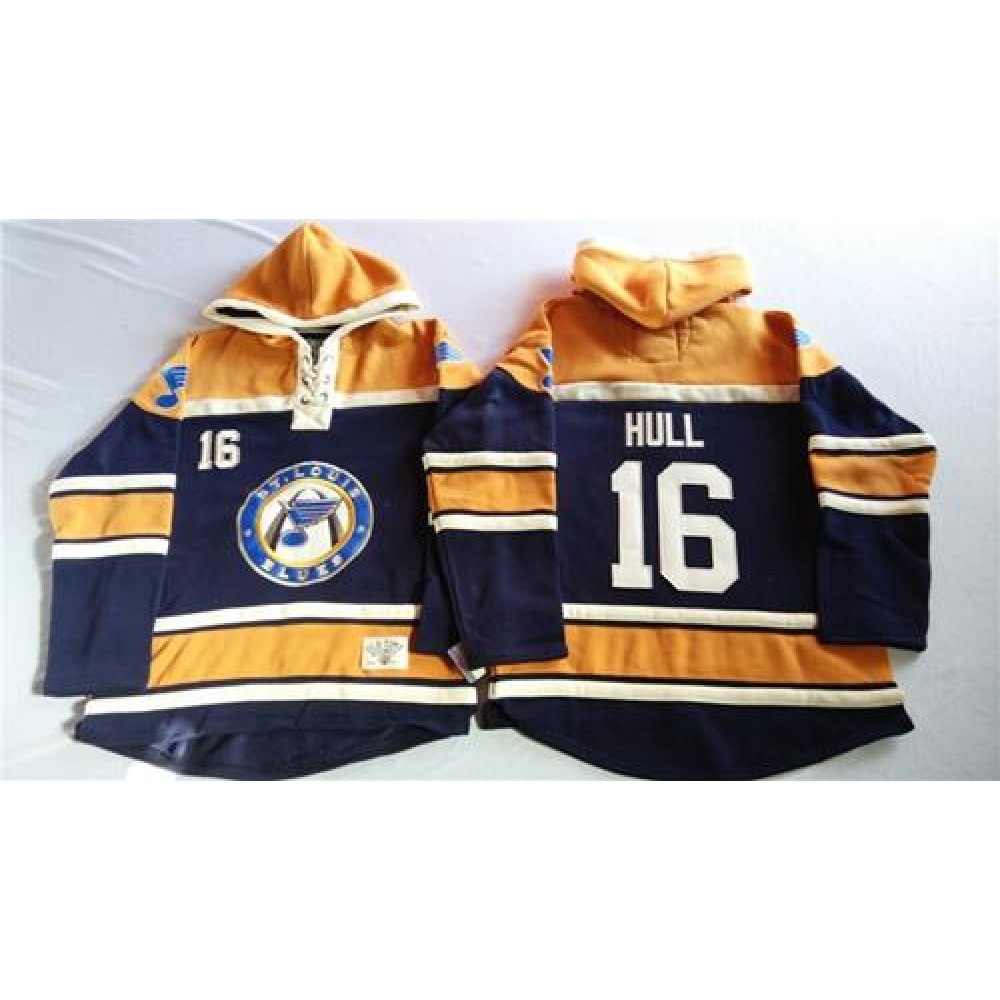 Blues #16 Brett Hull Navy Blue/Gold Sawyer Hooded Sweatshirt Stitched NHL Jersey 1