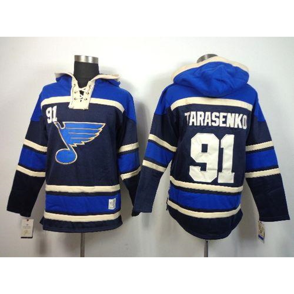 Blues #91 Vladimir Tarasenko Navy Blue Sawyer Hooded Sweatshirt Stitched NHL Jersey 1