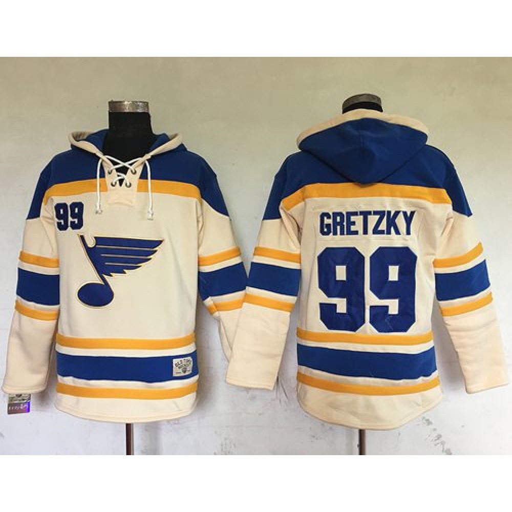 Blues #99 Wayne Gretzky Cream Sawyer Hooded Sweatshirt Stitched NHL Jersey 1