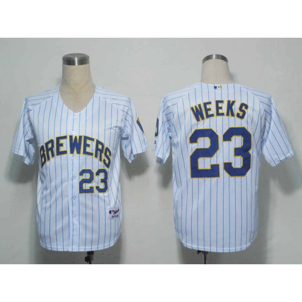 Brewers #23 Rickie Weeks White Blue Strip Stitched MLB Jersey 1