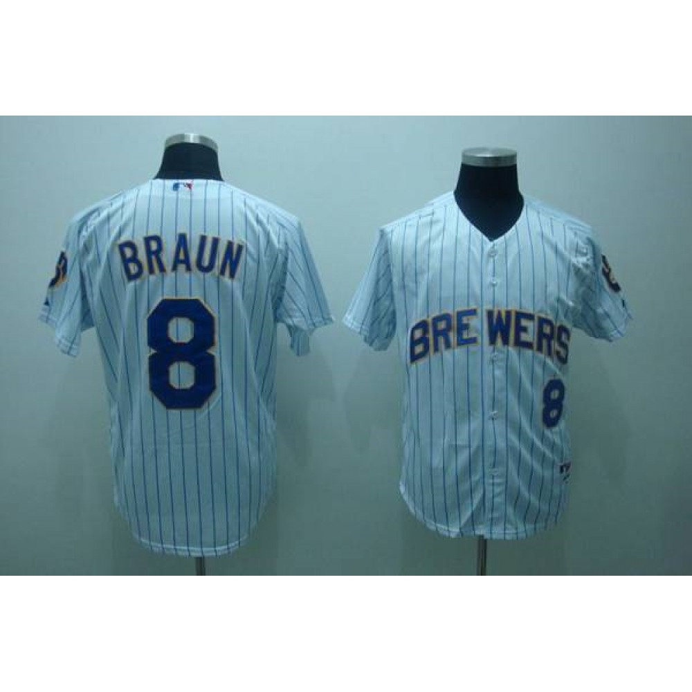 Brewers #8 Ryan Braun Stitched White Blue Strip MLB Jersey 1