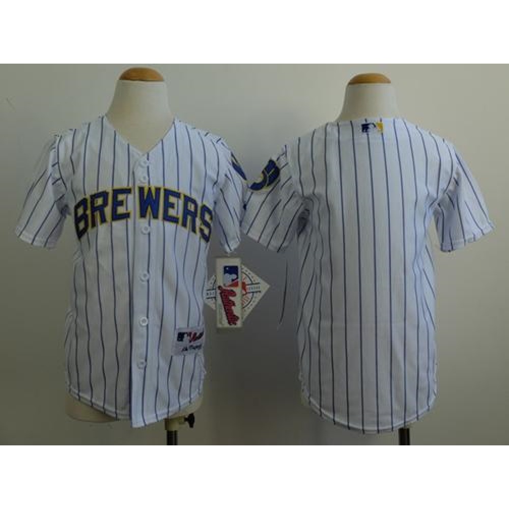 Brewers Blank White(blue stripe) Cool Base Stitched Youth MLB Jersey 1