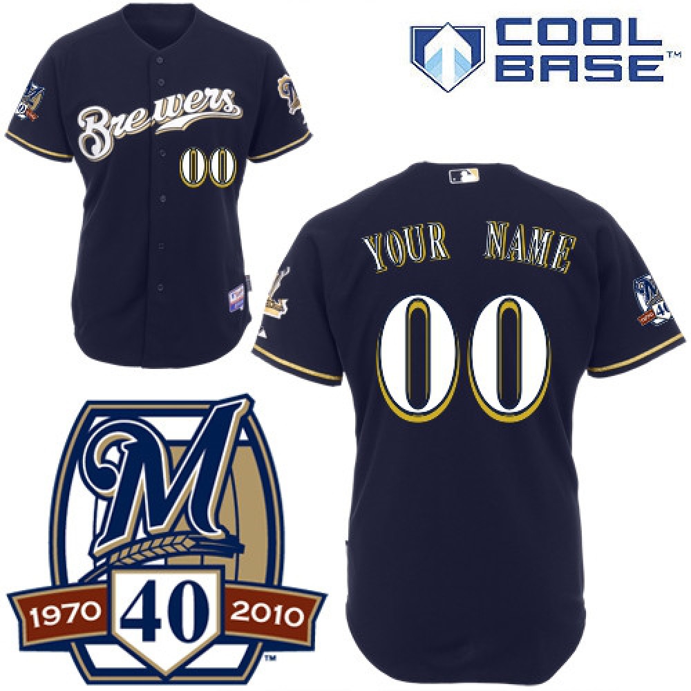 Brewers Personalized Authentic Blue Cool Base w/40th Anniversary Patch MLB Jersey 1