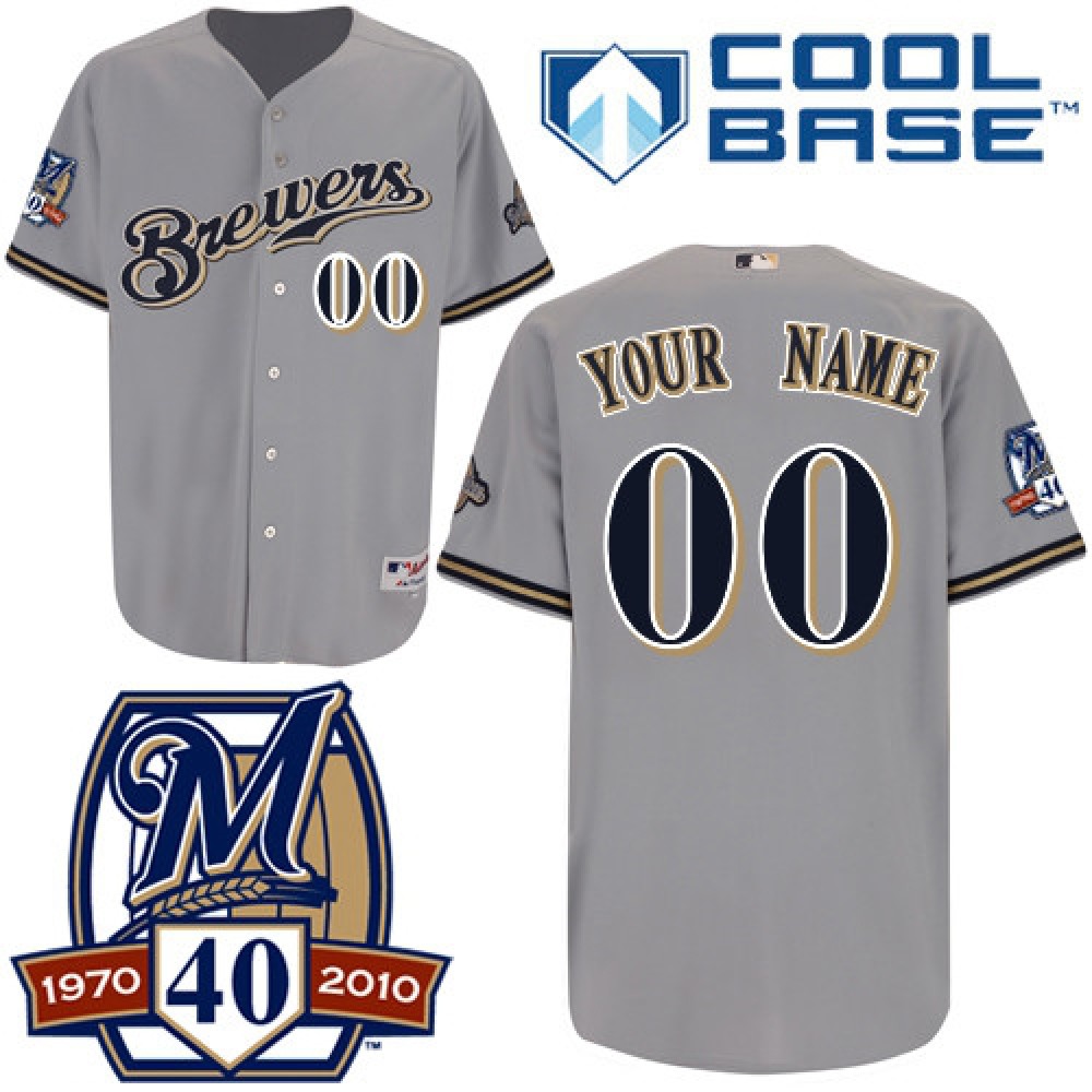 Brewers Personalized Authentic Grey Cool Base w/40th Anniversary Patch MLB Jersey 1