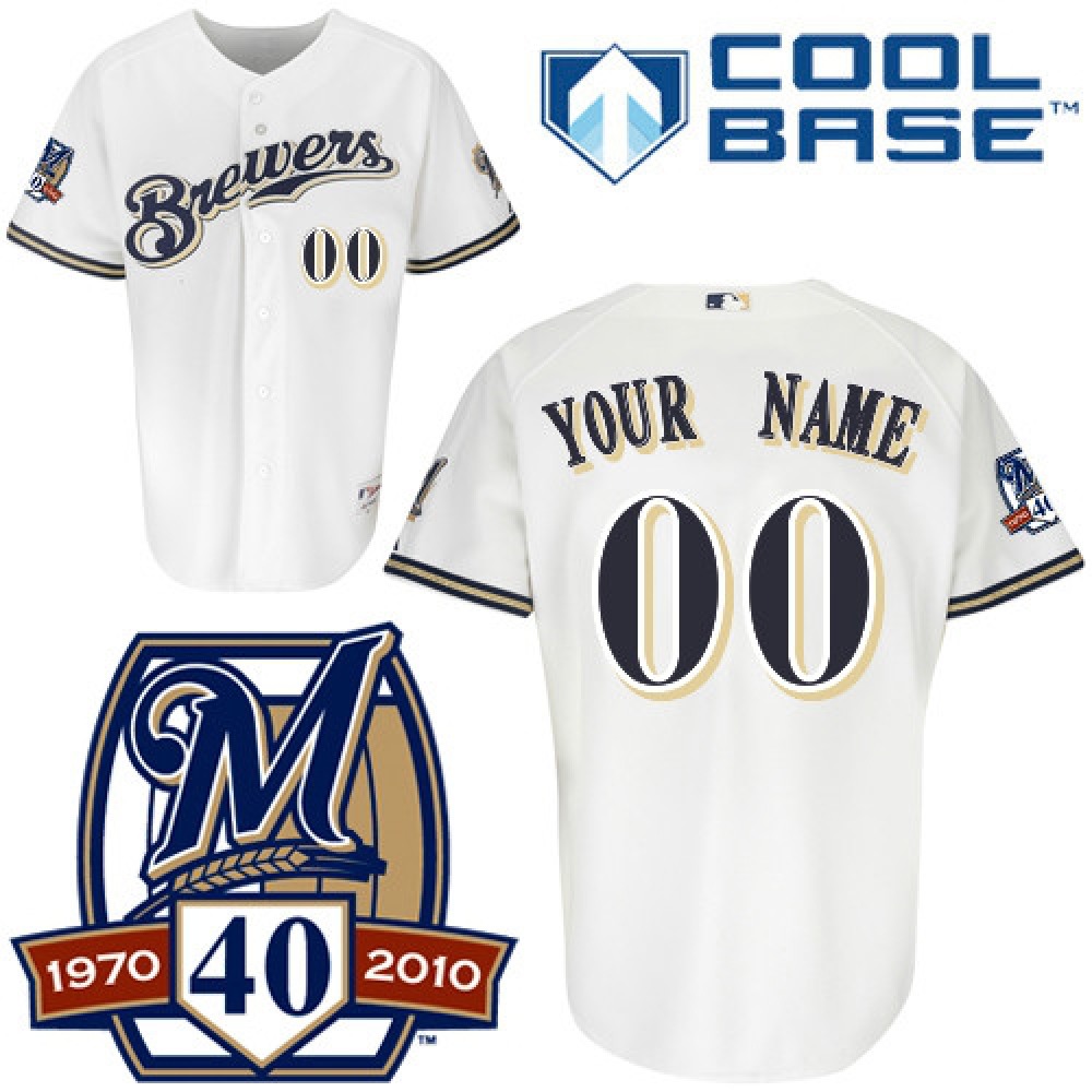 Brewers Personalized Authentic White Cool Base w/40th Anniversary Patch MLB Jersey 1