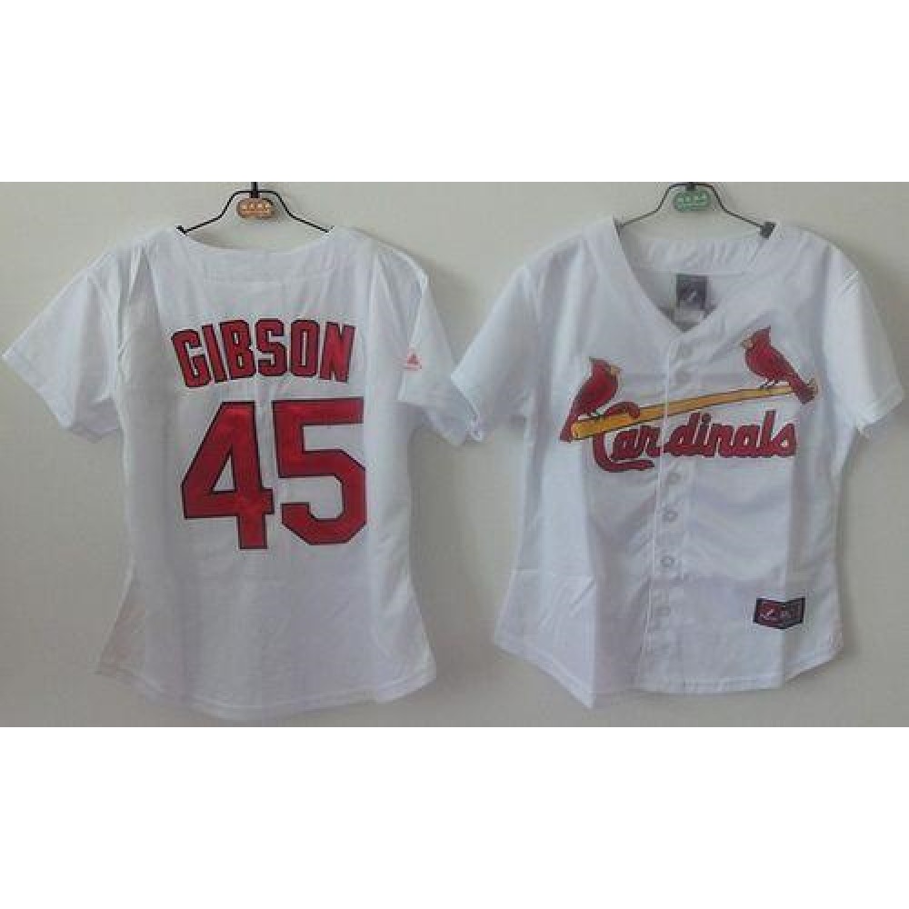 Cardinals #45 Bob Gibson White Women's Home Stitched MLB Jersey 1