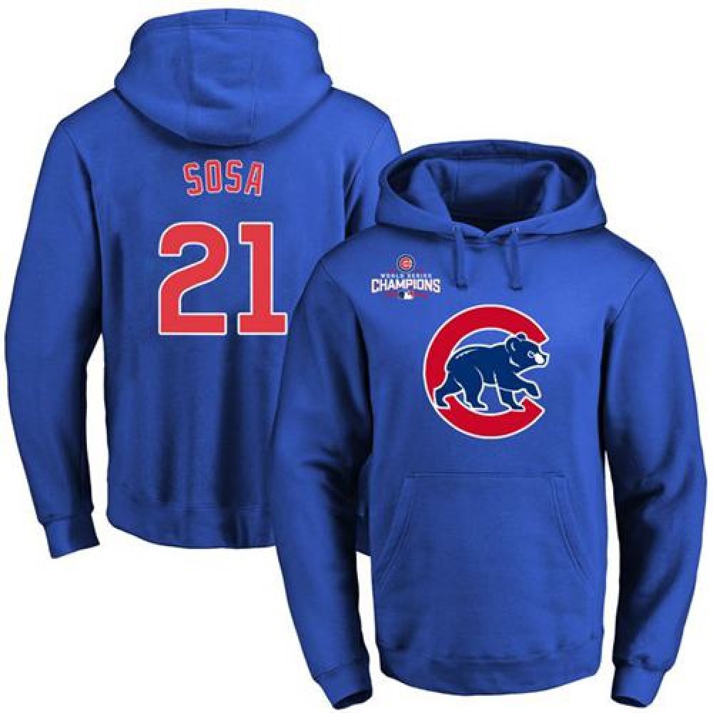 Cubs #21 Sammy Sosa Blue 2016 World Series Champions Primary Logo Pullover MLB Hoodie 1