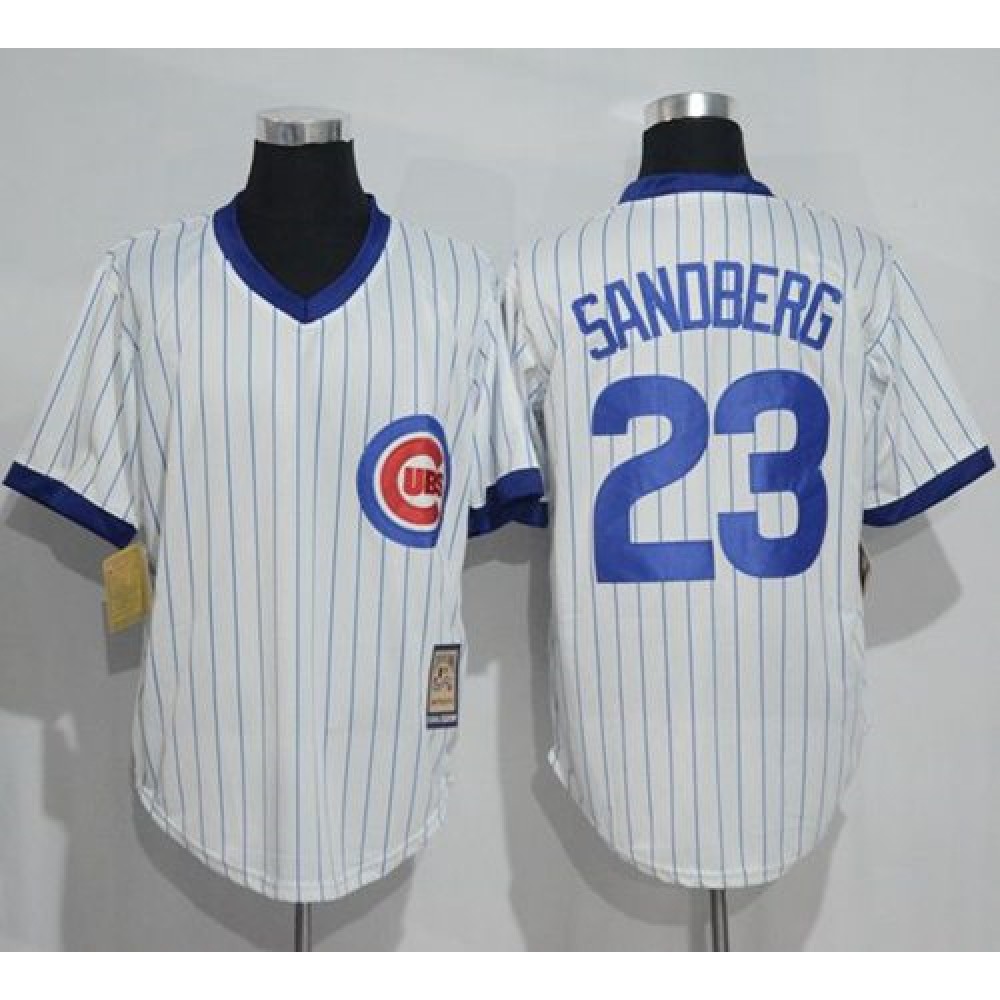 Cubs #23 Ryne Sandberg White Strip Home Cooperstown Stitched MLB Jersey 1