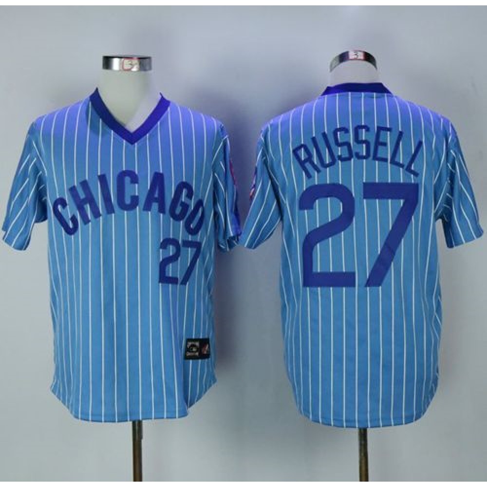 Cubs #27 Addison Russell Blue(White Strip) Cooperstown Throwback Stitched MLB Jersey 1