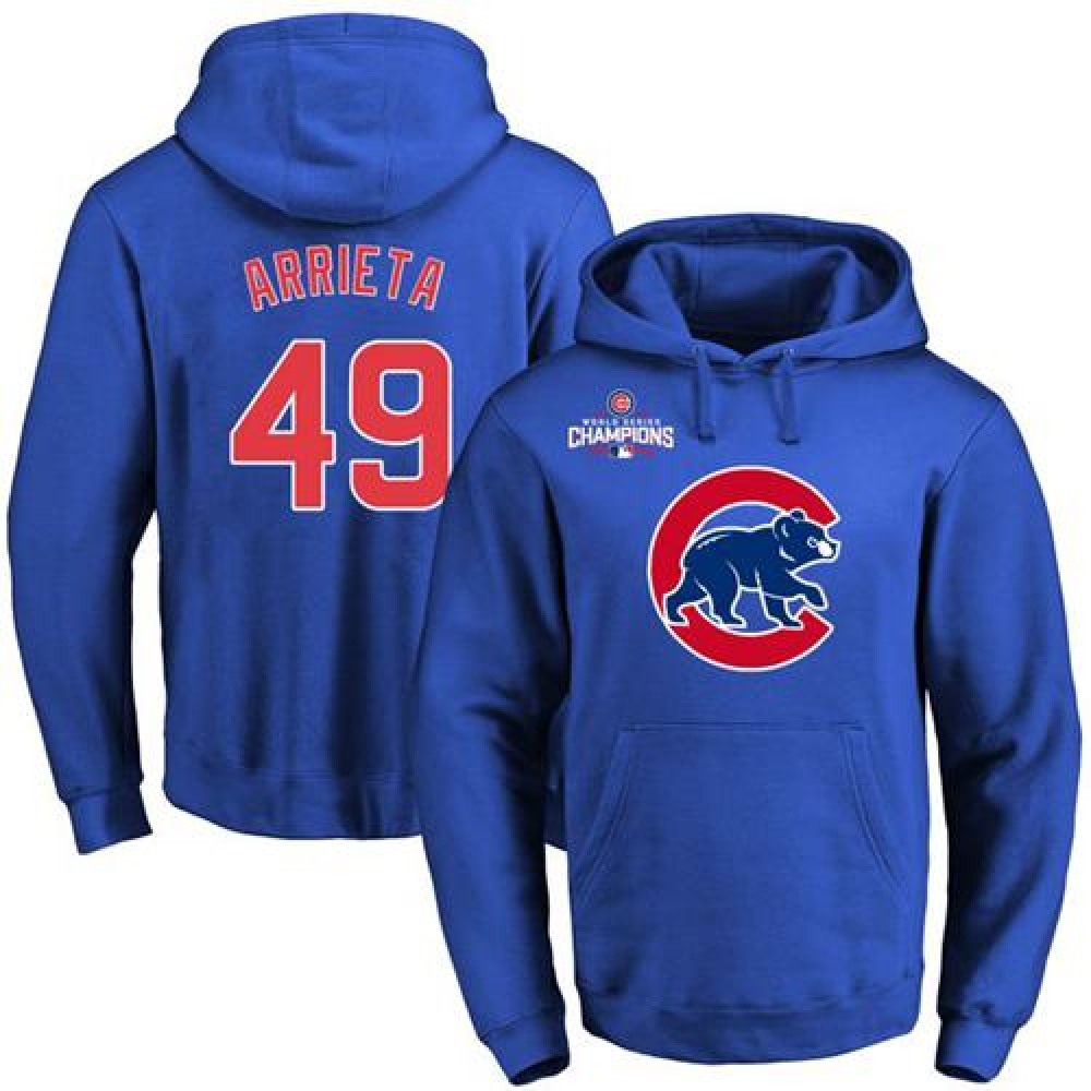 Cubs #49 Jake Arrieta Blue 2016 World Series Champions Primary Logo Pullover MLB Hoodie 1