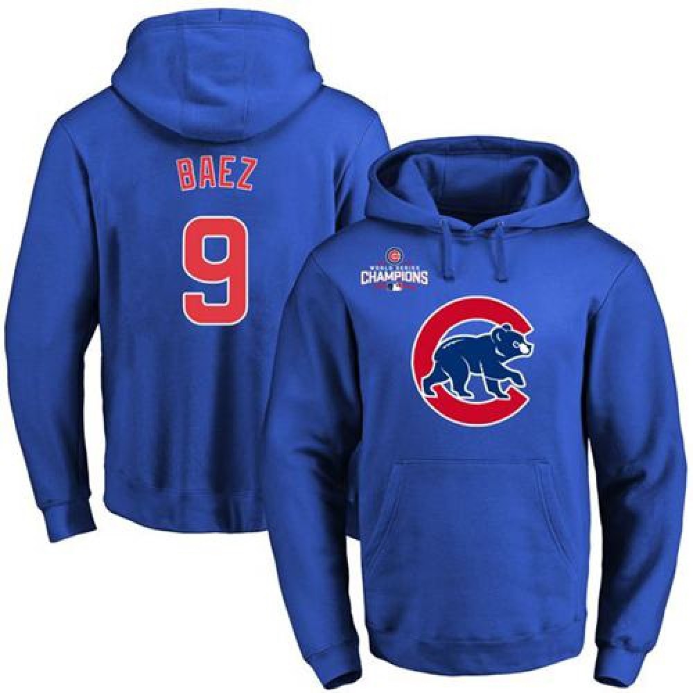 Cubs #9 Javier Baez Blue 2016 World Series Champions Primary Logo Pullover MLB Hoodie 1