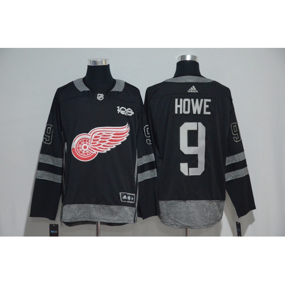 Detroit Red Wings #9 Gordie Howe Black Men's 1917-2017 100th Anniversary Stitched NHL Jersey 1