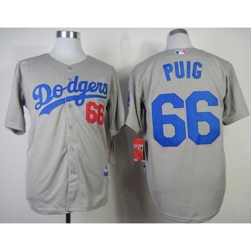 Dodgers #66 Yasiel Puig Grey Cool Base Stitched MLB Jersey 1