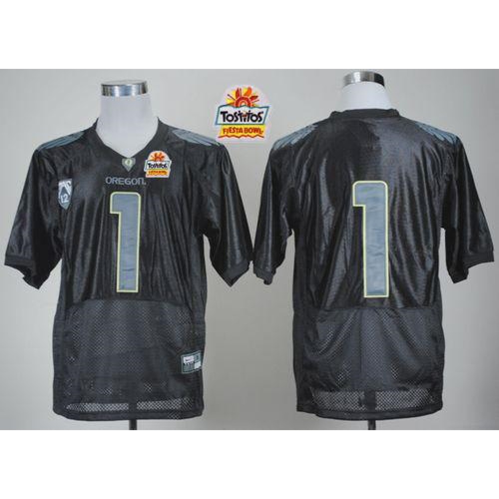 Ducks #1 Fan Black With PAC-12 Patch Tostitos Fiesta Bowl Stitched NCAA Jersey 1