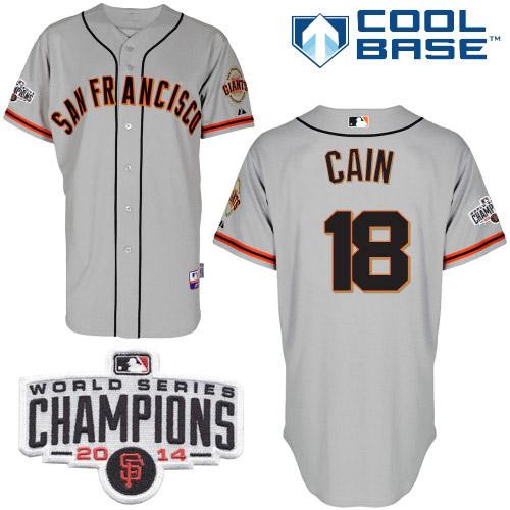 Giants #18 Matt Cain Grey W/2014 World Series Champions Patch Stitched MLB Jersey 1