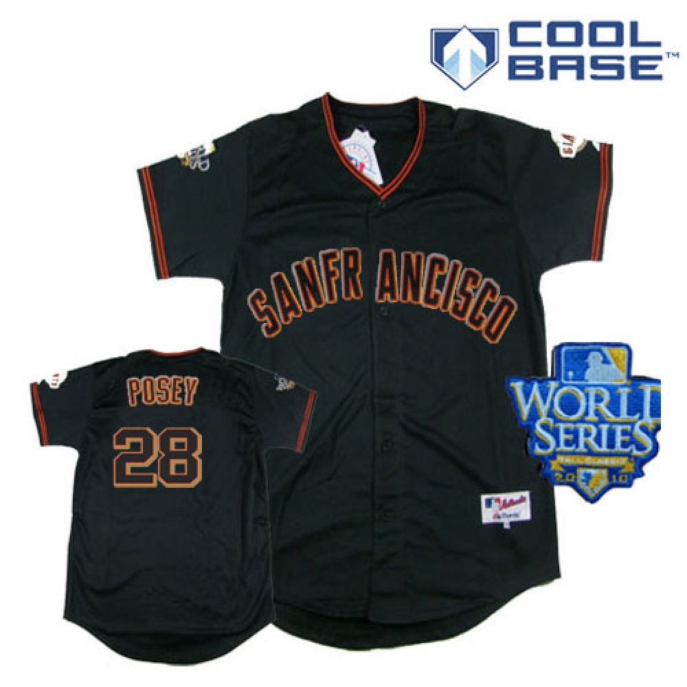 Giants #28 Buster Posey Black Cool Base w/2010 World Series Patch Stitched MLB Jersey 1