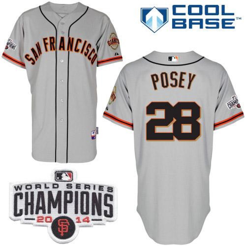Giants #28 Buster Posey Grey W/2014 World Series Champions Patch Stitched MLB Jersey 1