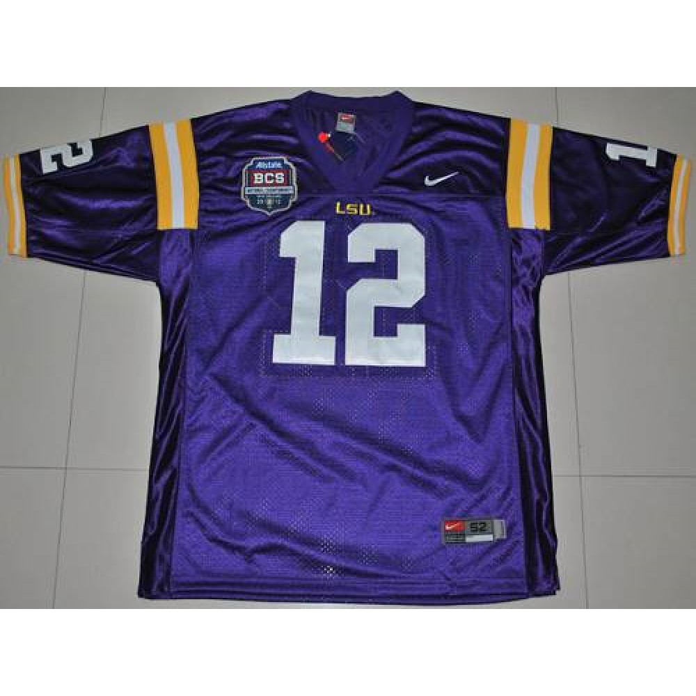 LSU Tigers #12 Jarrett Lee Purple 2012 BCS Championship Patch Stitched NCAA Jersey 1