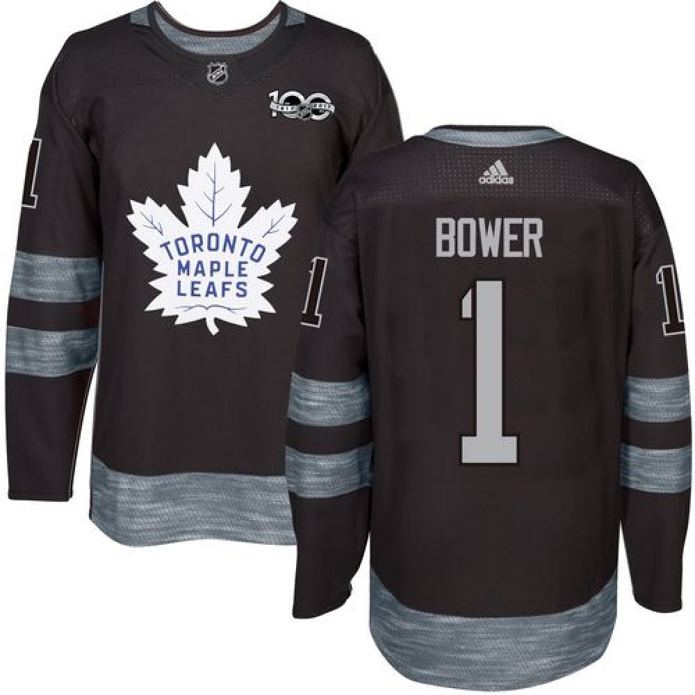 Maple Leafs #1 Johnny Bower Black 1917-2017 100th Anniversary Stitched NHL Jersey 1