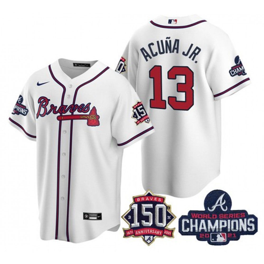 Men's Atlanta Braves #13 Ronald Acuna Jr. 2021 White World Series Champions With 150th Anniversary Patch Cool Base Stitched Jersey 1
