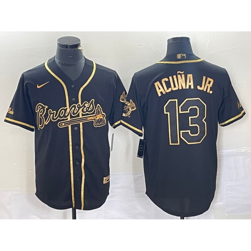 Men's Atlanta Braves #13 Ronald Acuna Jr. Black Gold Cool Base Stitched Baseball Jersey 1