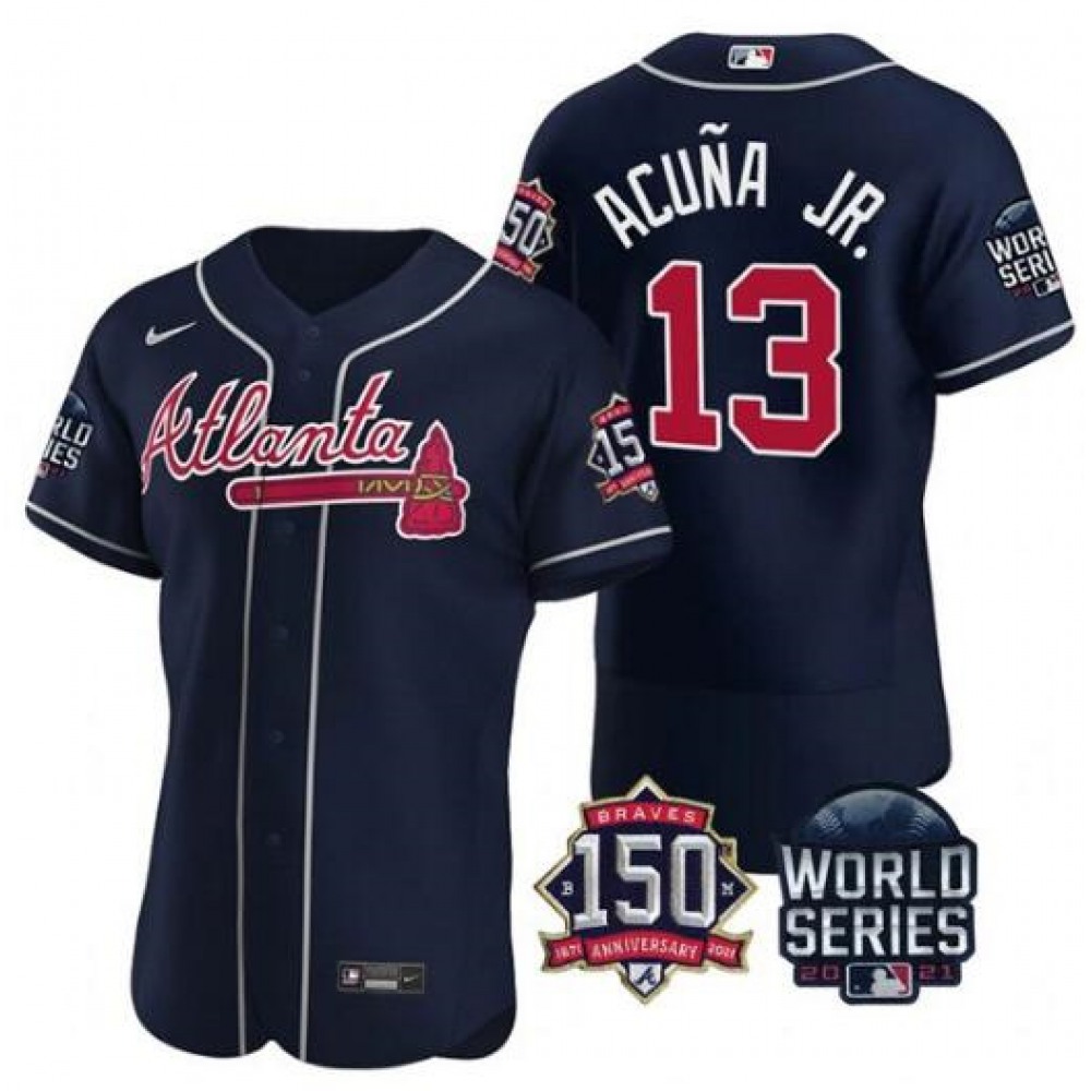 Men's Atlanta Braves #13 Ronald Acuna Jr. 2021 Navy World Series With 150th Anniversary Patch Stitched Baseball Jersey 1