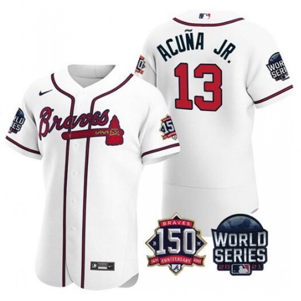 Men's Atlanta Braves #13 Ronald Acuna Jr. 2021 White World Series With 150th Anniversary Patch Stitched Baseball Jersey 1