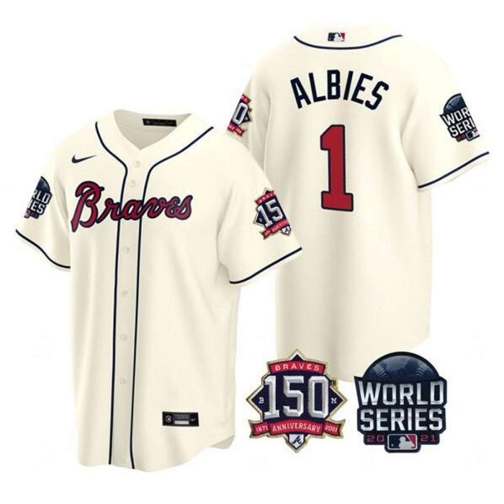 Men's Atlanta Braves #1 Ozzie Albies 2021 Cream World Series With 150th Anniversary Patch Cool Base Stitched Jersey 1