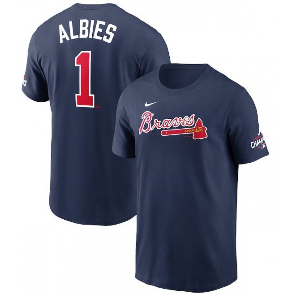 Men's Atlanta Braves #1 Ozzie Albies 2021 Navy World Series Champions Player Name & Number T-Shirt 1
