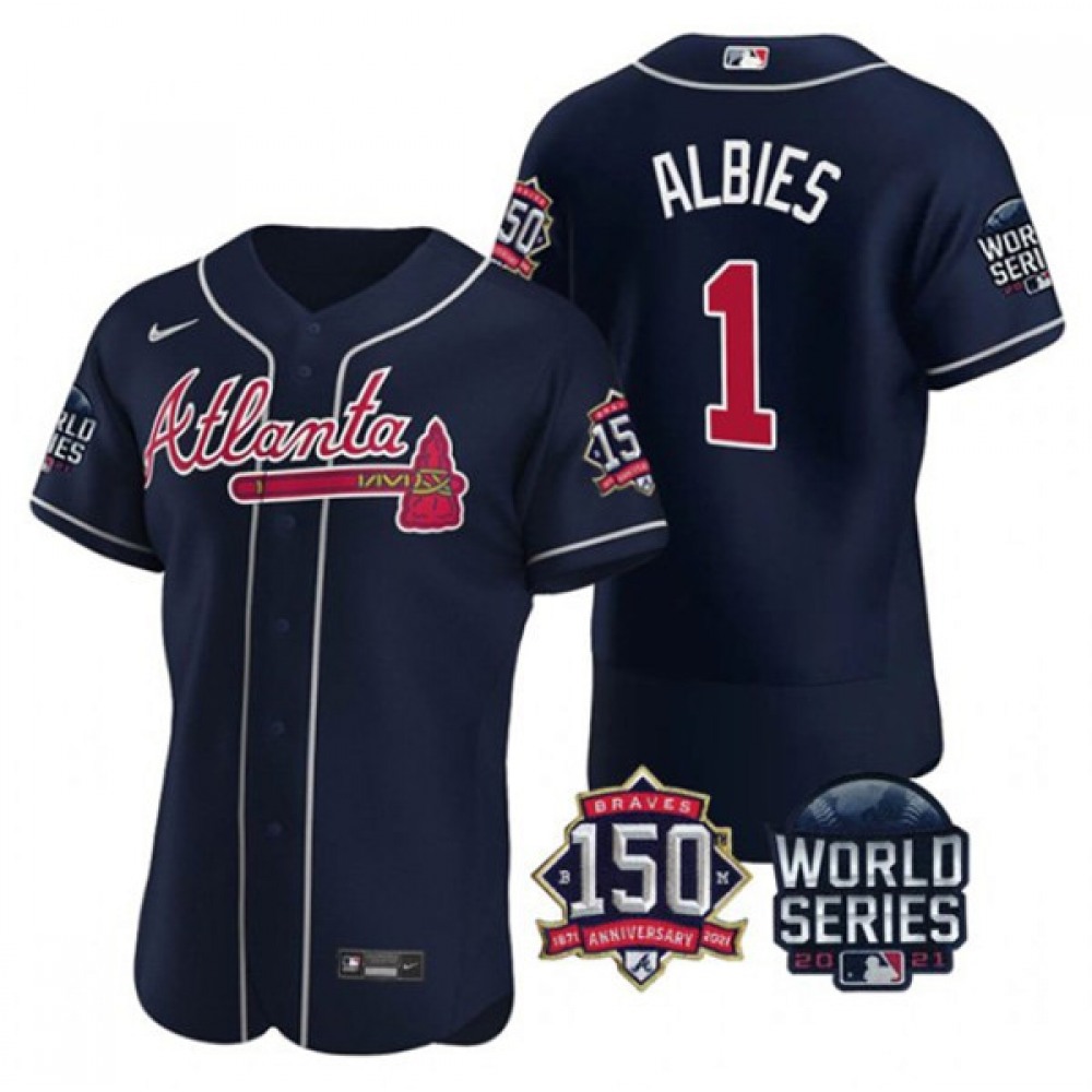 Men's Atlanta Braves #1 Ozzie Albies 2021 Navy World Series With 150th Anniversary Patch Stitched Baseball Jersey 1
