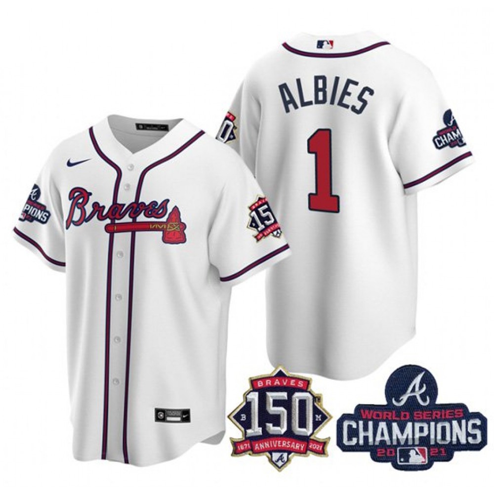Men's Atlanta Braves #1 Ozzie Albies 2021 White World Series Champions With 150th Anniversary Patch Cool Base Stitched Jersey 1