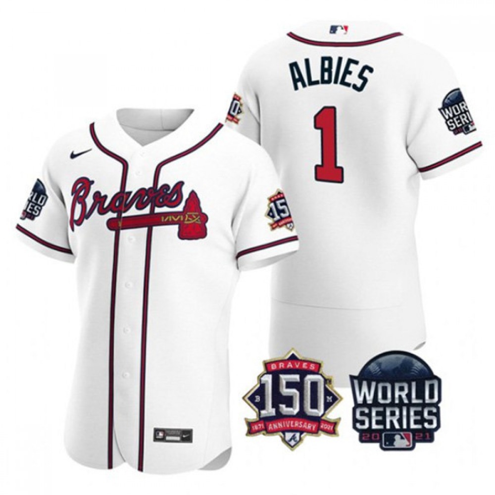 Men's Atlanta Braves #1 Ozzie Albies 2021 White World Series With 150th Anniversary Patch Stitched Baseball Jersey 1