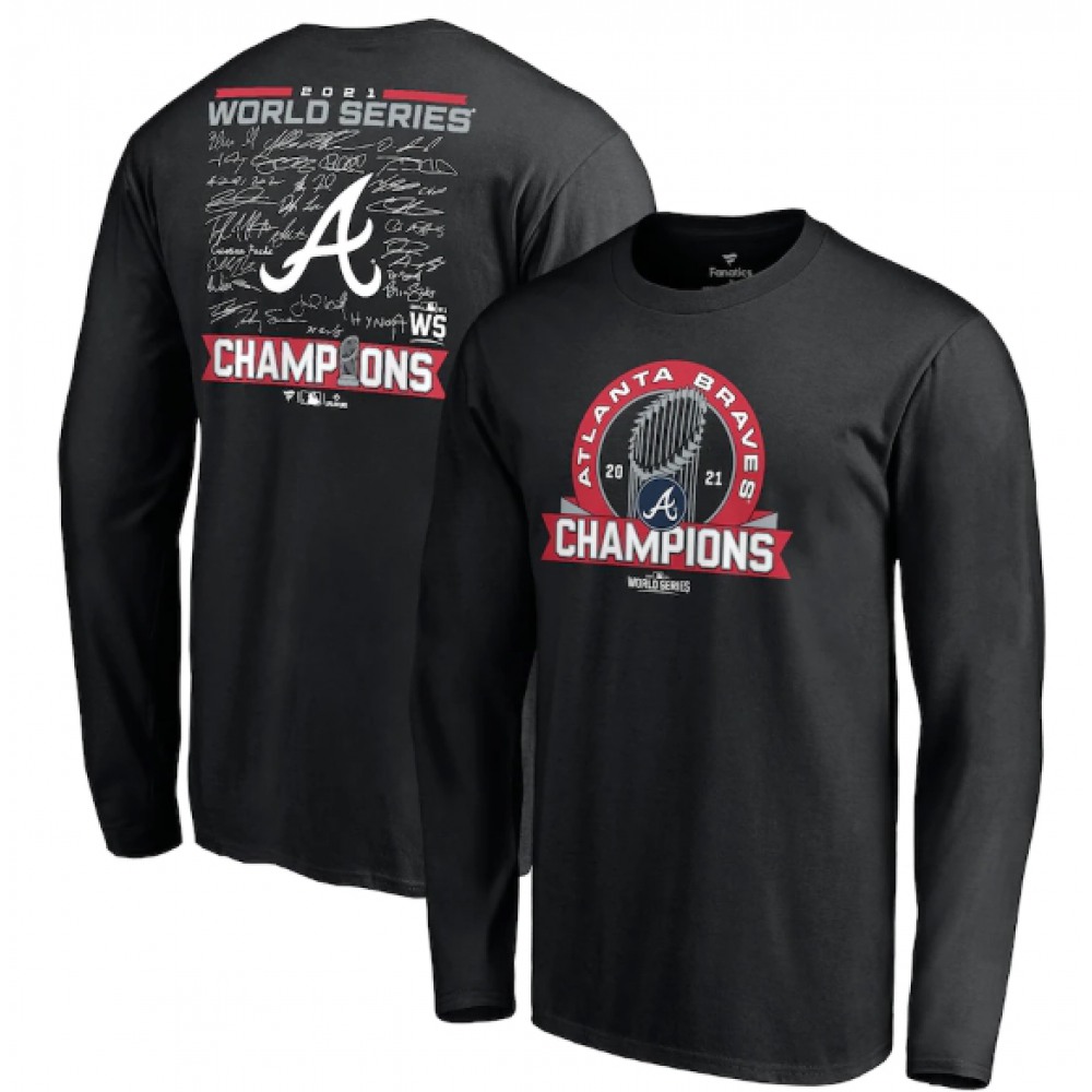 Men's Atlanta Braves 2021 Black World Series Champions Signature Roster Long Sleeve T-Shirt 1