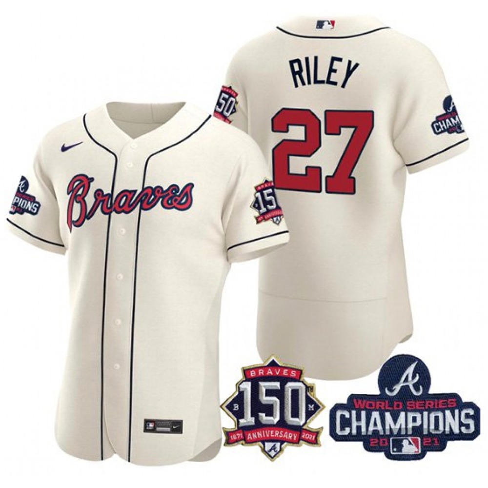 Men's Atlanta Braves #27 Austin Riley 2021 Cream World Series Champions With 150th Anniversary Flex Base Stitched Jersey 1