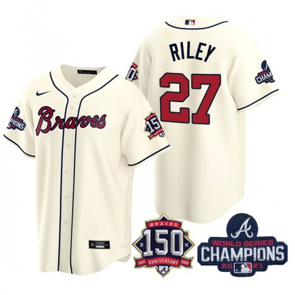Men's Atlanta Braves #27 Austin Riley 2021 Cream World Series Champions With 150th Anniversary Patch Cool Base Stitched Jersey 1