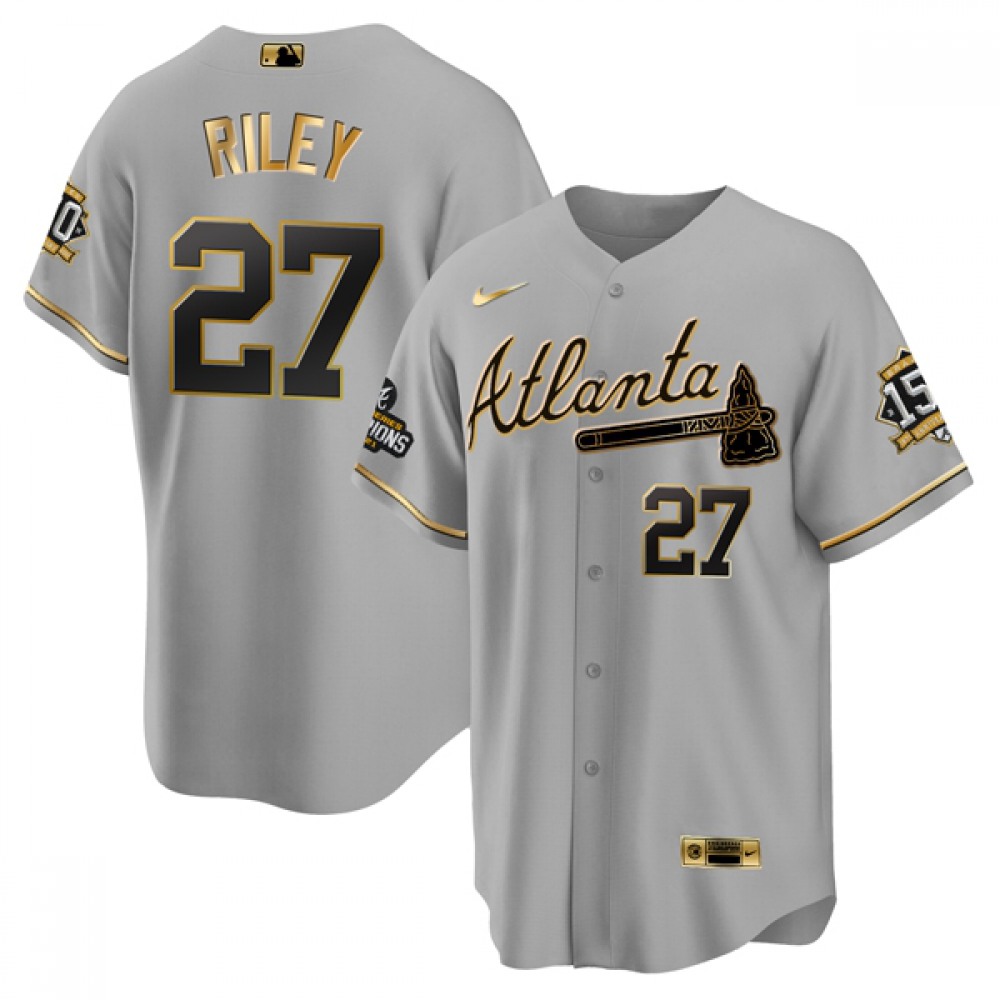 Men's Atlanta Braves #27 Austin Riley 2021 Grey/Gold World Series Champions With 150th Anniversary Patch Cool Base Stitched Jersey 1